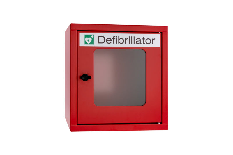 Rote Wandhalterung für automatisierten externen Defibrillator mit Alarmfunktion und wetterfestem Material.