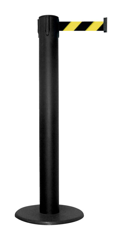 Gelb-schwarzer Absperrpfosten mit 50 mm Durchmesser und 9 Meter langem Gurt aus Metall.