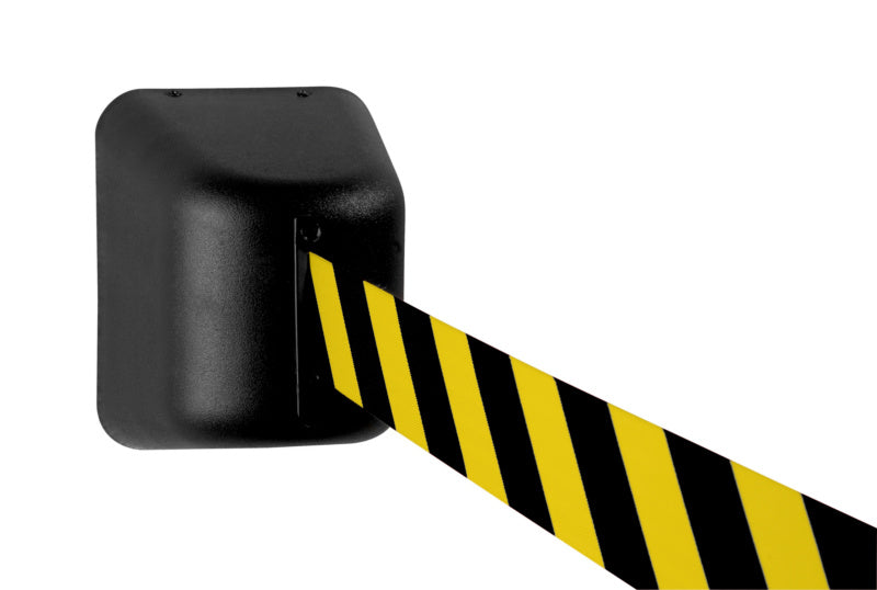 Schwarz-gelbes Absperrband mit Aufrollmechanik für sichere Abgrenzung von Bereichen.