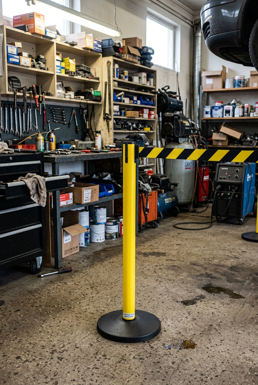 M24–Würth Absperrpfosten gelb-schwarz mit 3M Gurt und stabiler Metallbasis für Arbeitssicherheit