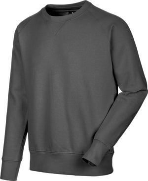 Anthrazitfarbener Arbeitspullover mit Taschen und elastischen Bündchen für optimalen Tragekomfort.