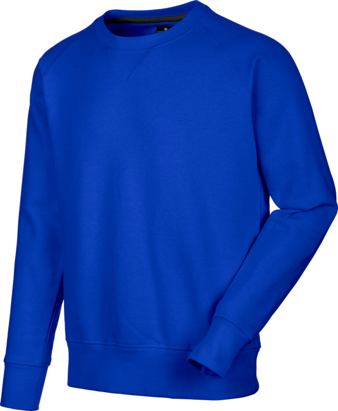 Blauer Arbeitspullover mit Kapuze, Kordelzug, Raglanärmeln und reflektierenden Details.