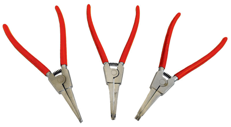 Dreiteiliges Zangenset mit Spitzzange, Flachzange und Kombizange mit rutschfesten Griffen.