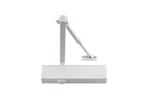 Weißer Türschließer mit Scherengestänge, geeignet für Türen bis 100 kg, mit einstellbarer Schließgeschwindigkeit.