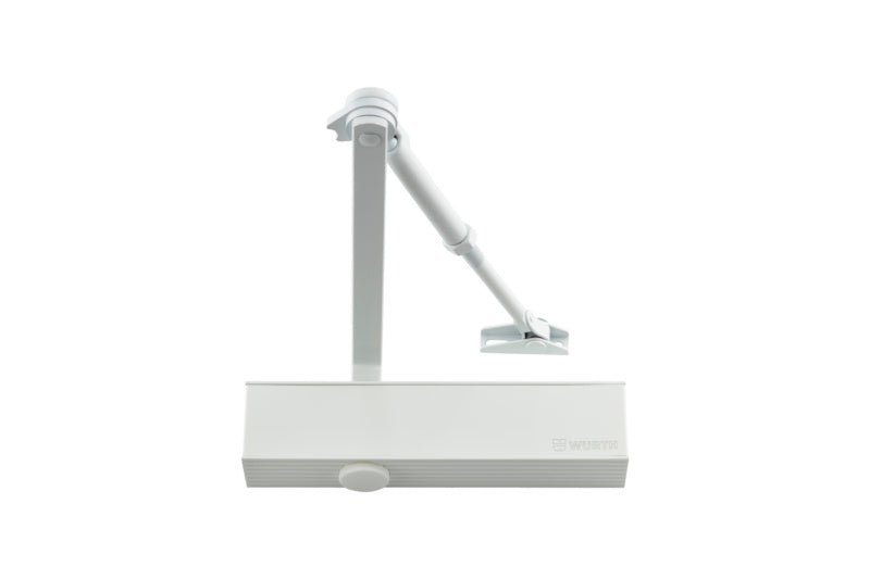 Weißer Türschließer mit Scherengestänge, geeignet für Türen bis 100 kg, mit einstellbarer Schließgeschwindigkeit.