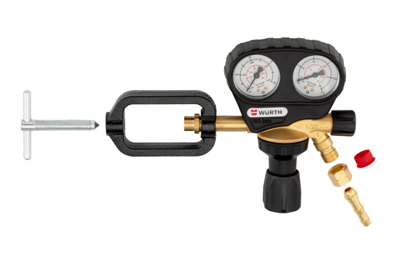 Druckminderer für Schweißtechnik mit Druckanzeige und Überdruckventil in kompakter Bauweise.