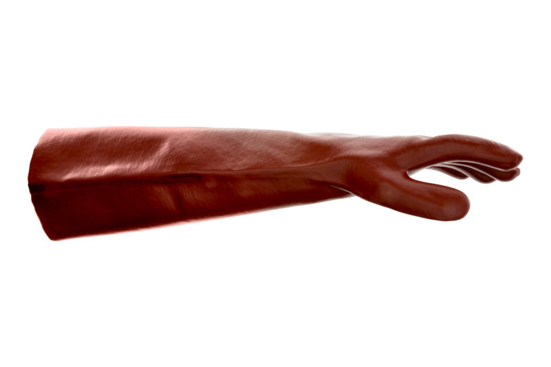 Drei lange PVC-Schutzhandschuhe mit strukturierter Oberfläche für chemischen Schutz und Grip.