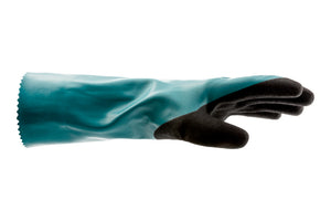 Nitrilhandschuh in Schwarz mit strukturierter Oberfläche für besseren Griff und Handgelenkschutz.