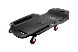 Montageroller Werkstatt in Schwarz mit stabiler Konstruktion und 360-Grad drehbaren Rädern.