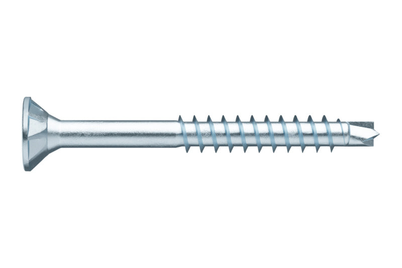 Spanplattenschraube mit Bohrspitze, flachem Kopf und roter Verzinkung.