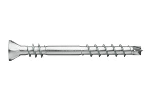 Spanplattenschraube mit Bohrspitze, flachem Kopf und verzinkter Oberfläche.