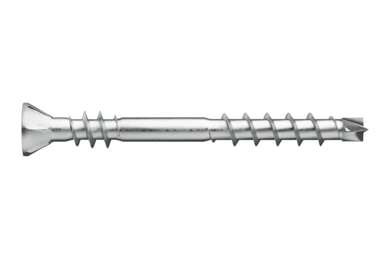 Spanplattenschraube mit Bohrspitze, flachem Kopf und verzinkter Oberfläche.