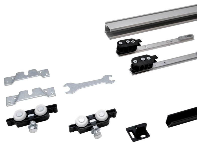 Schiebetürbeschlag aus Edelstahl mit elegantem Design und robustem Schließmechanismus.