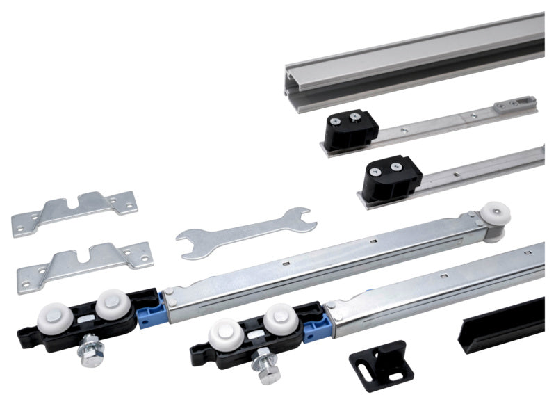 Robuster Schiebetürbeschlag für Zimmertüren mit bis zu 80 kg Tragfähigkeit und geräuschlosem Gleiten.