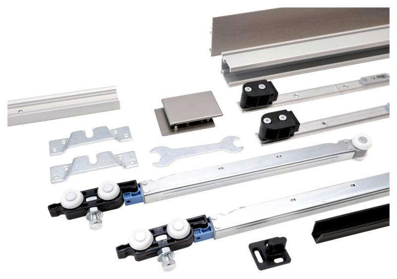 Moderner Schiebetürbeschlag für Zimmertüren mit robustem Metall und geräuscharmen Rollen.