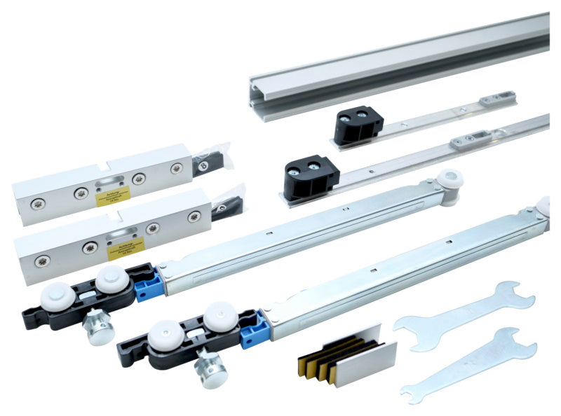 Moderner Schiebetürbeschlag für Zimmertüren mit robuster, eleganter Metallkonstruktion.