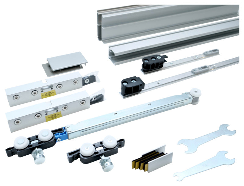 Schiebetürbeschlag für Zimmertüren aus Metall mit Montageset und modernem Design.