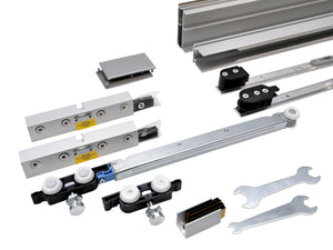 Moderner Schiebetürbeschlag für Zimmertüren mit robustem, geräuschlosem Laufmechanismus aus Metall.