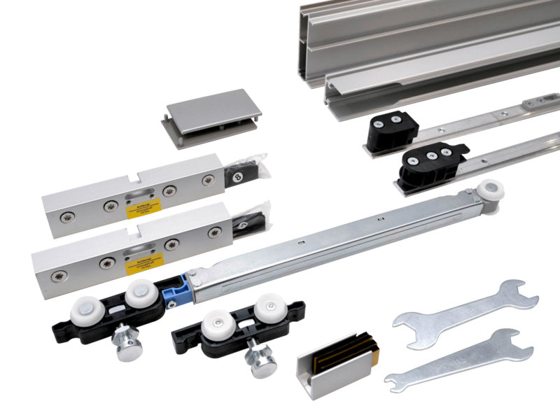 Moderner Schiebetürbeschlag für Zimmertüren mit robustem, geräuschlosem Laufmechanismus aus Metall.