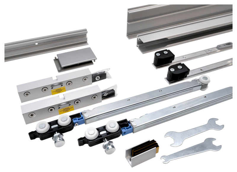 Schiebetürbeschlag in elegantem Design, geeignet für Zimmertüren bis 80 kg Tragfähigkeit.