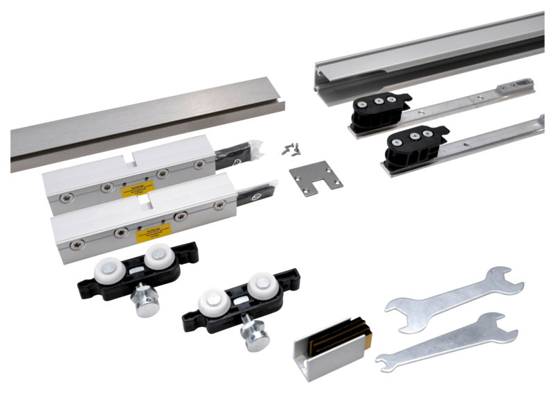 Robuster Schiebetürbeschlag aus rostfreiem Edelstahl für Zimmertüren bis 80 kg Tragkraft.