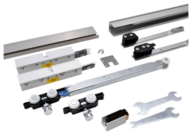 Robuster Schiebetürbeschlag aus rostfreiem Edelstahl für Innentüren, mit eleganter Optik.