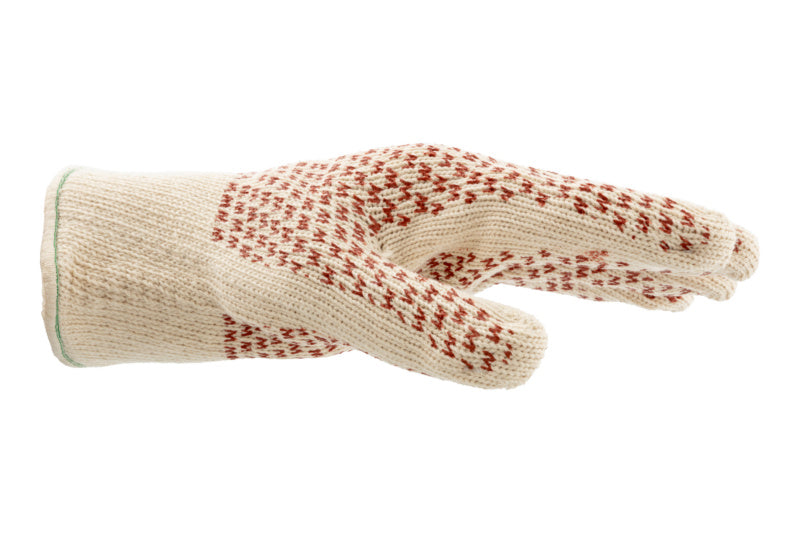 Hitzeschutzhandschuh in Einheitsgröße mit Silikonbeschichtung und hitzebeständig bis 500 Grad Celsius.