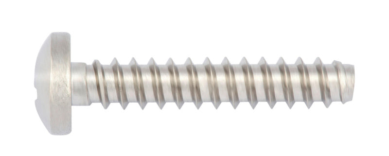 Blechschraube mit flachem Kopf, TX15 Antrieb und scharfem Gewinde für metallische Anwendungen.