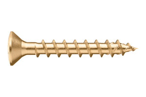 Spanplattenschraube mit Linsensenkkopf und roter Verzinkung, geeignet für Holzverbindungen.