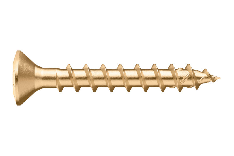 Spanplattenschraube mit Linsensenkkopf und roter Verzinkung, geeignet für Holzverbindungen.