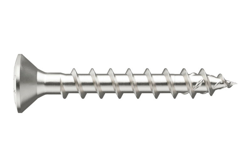 A flat-head wood screw with a sharp point and a rust-resistant finish.
