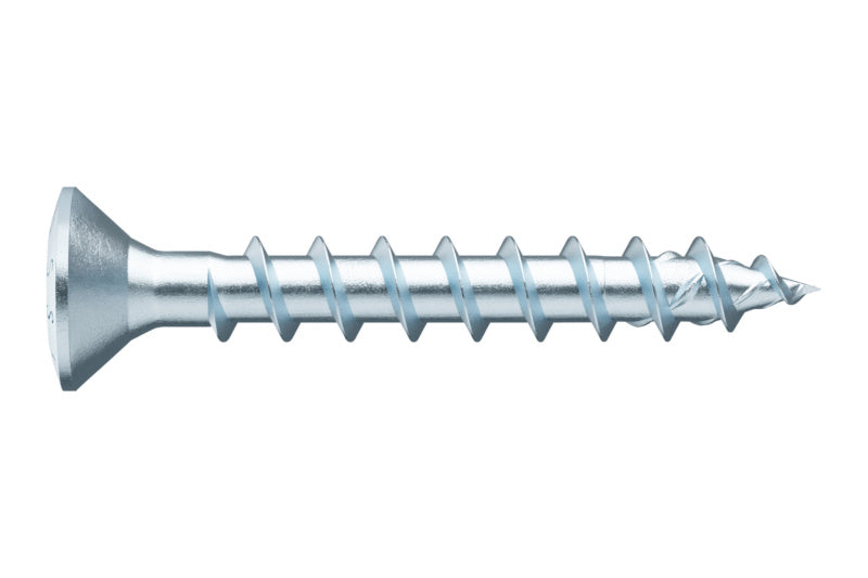 Spanplattenschraube mit Linsensenkkopf und rotem Kopf, aus rostfreiem Stahl.