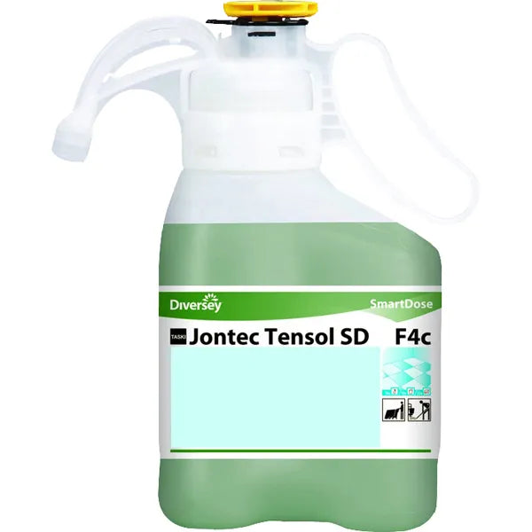 Flasche mit grünem, pH-neutralem Bodenreiniger von Jontec Tensol SD.