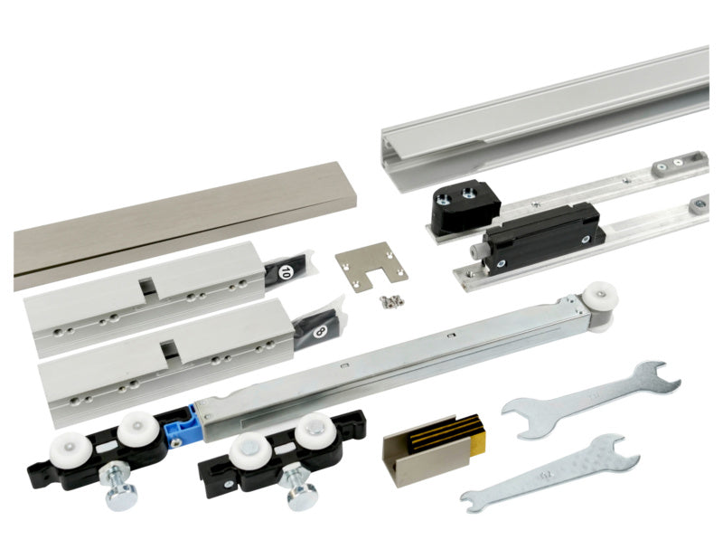 Schiebetürbeschlag aus rostfreiem Edelstahl mit eleganten Rollen für leisen Betrieb.