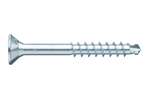 Spanplattenschraube mit Bohrspitze, flachem Kopf und verzinkter Oberfläche.