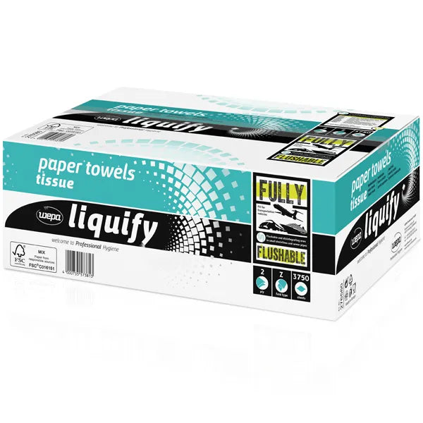 Wepa Liquify paper towels in a box, featuring "FULLY FLUSHABLE" branding.