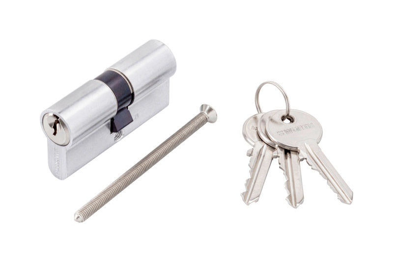 Profilzylinder mit 5-Stiftsystem, Nickel-Oberfläche, Maße 28x34 mm, für Standardtüren geeignet.