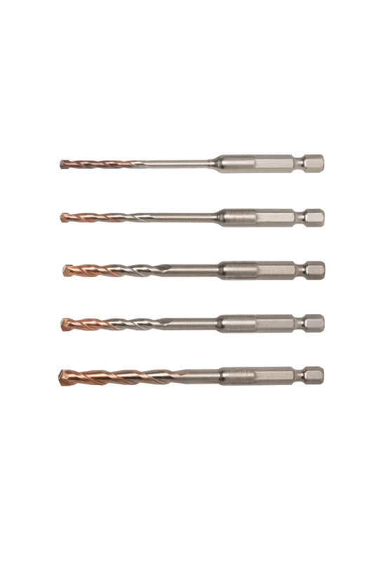 Set of versatile drill bits in a transparent storage box for various materials and applications.