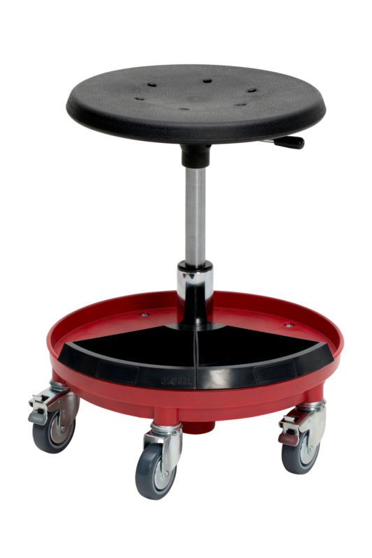 Fahrbarer Arbeitsstuhl mit drehbarem, gepolstertem Sitz und stabilen Rollen für Werkstätten.