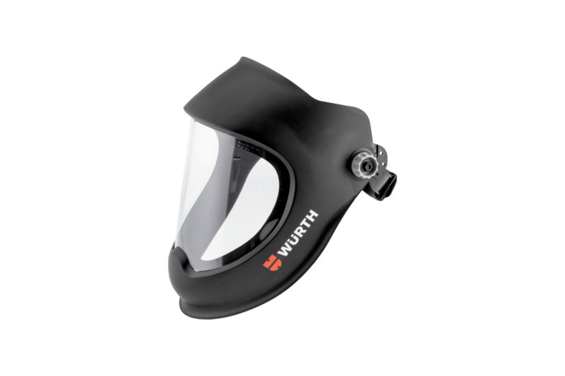 Transparenter Gesichtsschutzschirm mit verstellbarer Kopfhalterung für sicheren Sitz und klare Sicht.