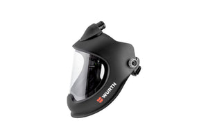 Gesichtsschutzschirm mit Gebläsefilter, transparenter Schutzscheibe und flexiblem Kopfband.