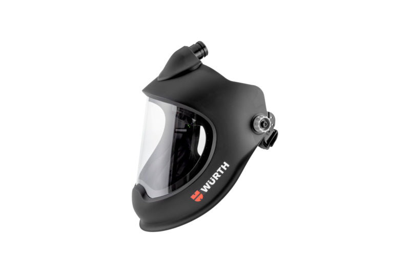 Gesichtsschutzschirm mit Gebläsefilter, transparenter Schutzscheibe und flexiblem Kopfband.