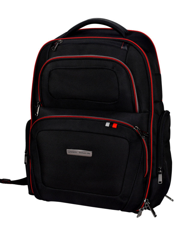 Schwarze Business-Tasche mit mehreren Fächern, gepolstertem Rücken und reflektierenden Elementen.