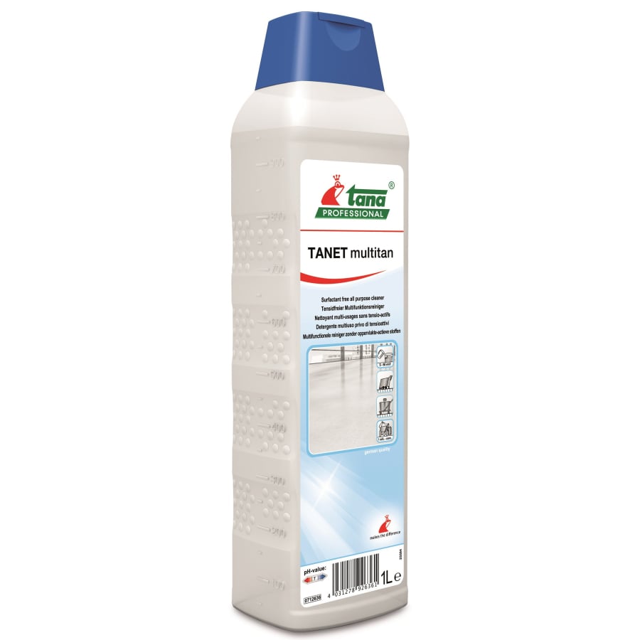 Flasche Tanet Multitan Allzweckreiniger mit blauem Verschluss.