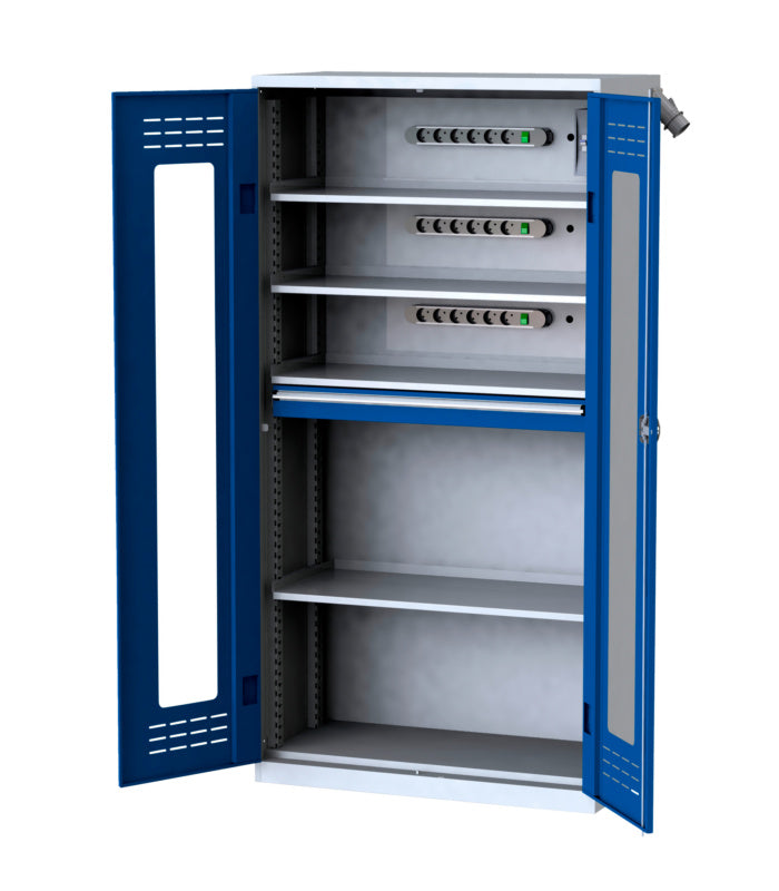 Flügeltürenschrank-FLGTRSHRNK-SICHTF-AKKU-AS22-RAL5010     Verpackungsinhalt    1 Einheit
