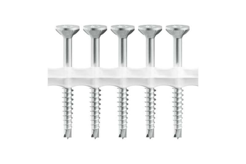 Spanplattenschraube mit Bohrspitze, aus rostfreiem Stahl, mittlere Länge und hohe Festigkeit.