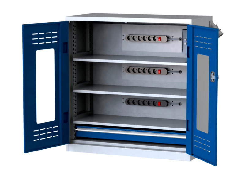 Flügeltürenschrank-FLGTRSHRNK-SICHTF-AKKU-AS12-RAL5010     Verpackungsinhalt    1 Einheit