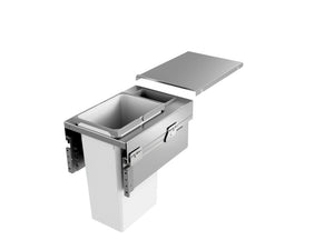 Mülltrennsystem mit mehreren Fächern für Bioabfall, Papier, Plastik und Restmüll in moderner Küche.