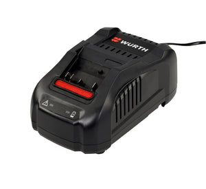 Ladegerät für Akku-Maschinen mit LED-Anzeige und USB-Anschluss, kompakt und tragbar.