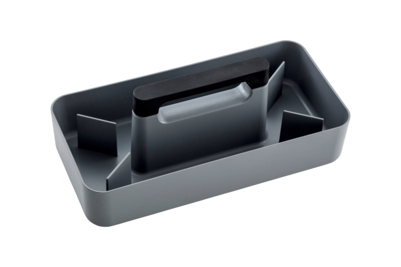 Grauer Aufbewahrungskasten mit mehreren Fächern für Büroartikel und kompakter Größe.